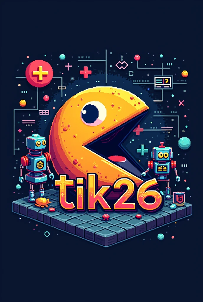 pixel logo for class with computers, C++ like pac-man, robots and text TiK26 in Programming Ligature font