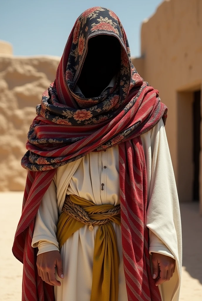wearing: white woolen cloak, red striped shawls of Qatari origin wrapped around his shoulders, headgear of fine cloth, wearing a yellow loincloth, covering his shoulders with a flowery black shawl, face not seen bacause of sunlight