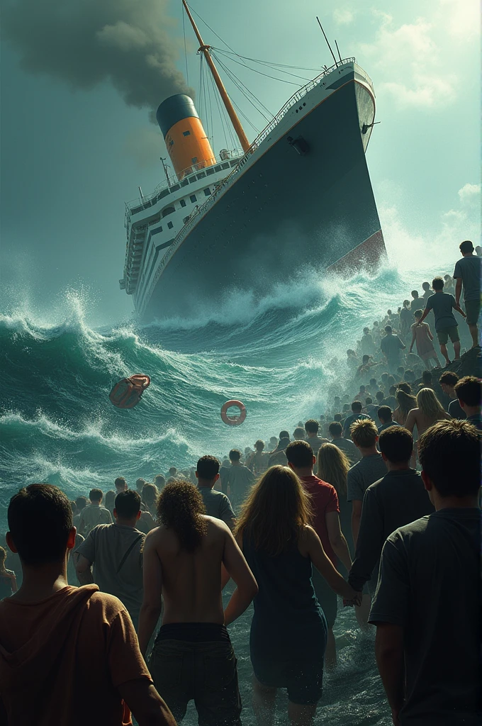 Image of people scrambling to escape on a large ship before it sank