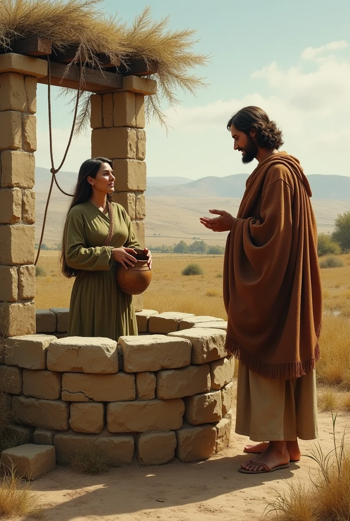 Jesus and the Samaritan woman with a bucket meeting at an old well in the field
