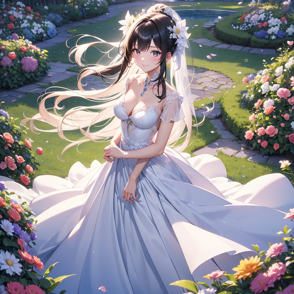 masterpiece,Highest quality,high definition,High resolution,4K,8k,Ultra-high-definition CG,masterpiece,Highest quality,high definition,High resolution,4K,8k,Ultra-high-definition CG,Anime illustration style,1girl, anime painted, front angle, pose standing, shiny black twin tail hair,black, accessories ribbon, expression smiling,arms behind back,Scene of a garden full of flowers、In a wedding dress、Behaving gracefully。fashion model posing ,shiny skin,Low angle ,fashion model posing ,holdng a flowers.bouquet.