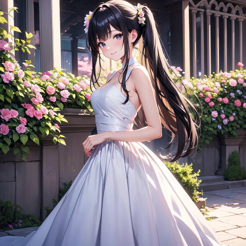 masterpiece,Highest quality,high definition,High resolution,4K,8k,Ultra-high-definition CG,masterpiece,Highest quality,high definition,High resolution,4K,8k,Ultra-high-definition CG,Anime illustration style,１girl, anime painted, front angle, pose standing, shiny black twin tail hair,black, accessories ribbon, expression smiling,arms behind back,Scene of a garden full of flowers、In a wedding dress、Behaving gracefully。fashion model posing ,shiny skin,Low angle ,fashion model posing ,holdng a flowers.bouquet.