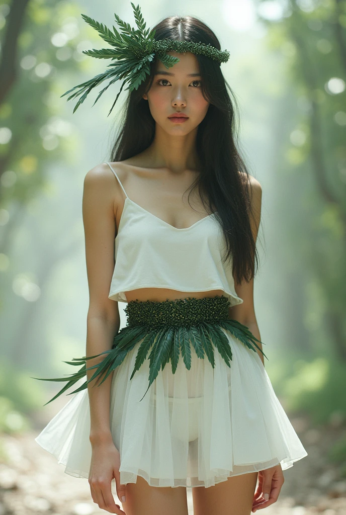  dressed in a short white thigh-length skirt, with a belt made of small dark green feathers , white sleeveless cropped top with an accessory made up of feathers in different shades of dark green, ranging from a deep green to slightly lighter tones, creating a shadow and depth effect used on the side of the head, held by a band that wraps around the forehead.