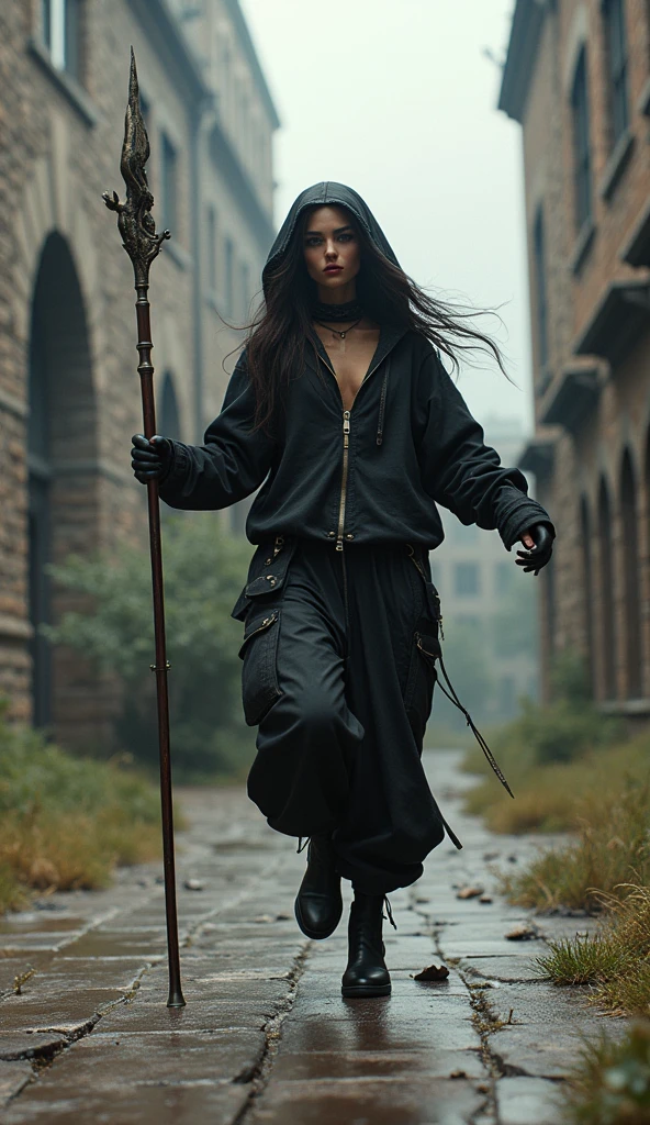 1990s fantasy , 1 dynamic dark elf female, 90s streetstyle hiphop fashion, baggy thick edgy loose clothing, with staff, Melbourne shuffle jumping shuffling footwork , expressive pose, urban fantasy castle ground environment, cinematic lighting,, extremely detailed, photorealistic, 8k, film grain, dynamic composition, high quality, masterpiece