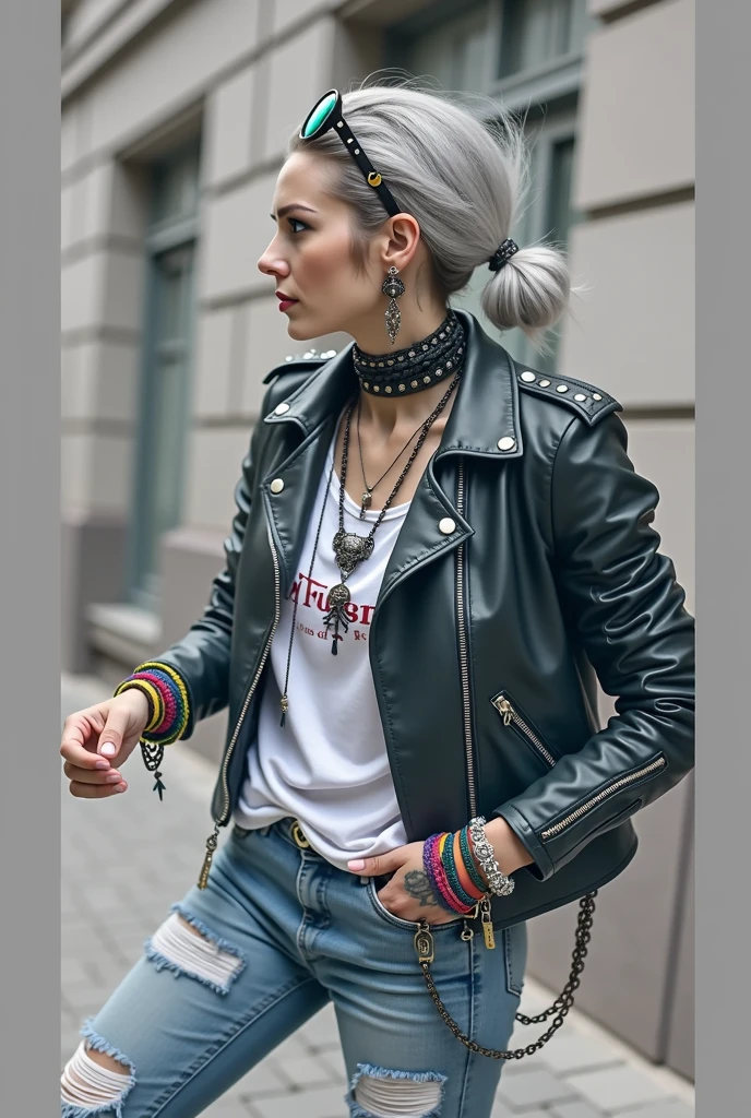 russian milf woman, grey hair (bun) and wide colourful maxi sunglasses as headband. Very light blue eyes, extremely pale. Wearing studded cropped black moto jacket with lots of zippers and pins, t-shirt with winged skull and gothic lettering , dark skinny blue jeans with holes and rags. Lots of colourful thick wide bracelets, colourful collars and colourful rings. Tacky wide studded leather belt with oversized skull and bones buckle. Long bohemian earrings with feathers. Standing up, humble facial expression. Hands in pockets, showing off bracelets and rings. Chains around belt.. Listening in amazement to somebody speaking to her, toned six pack abdominals, thin neck, slim legs and thin arms. Tattoed heavily. Huge black leather tote bag