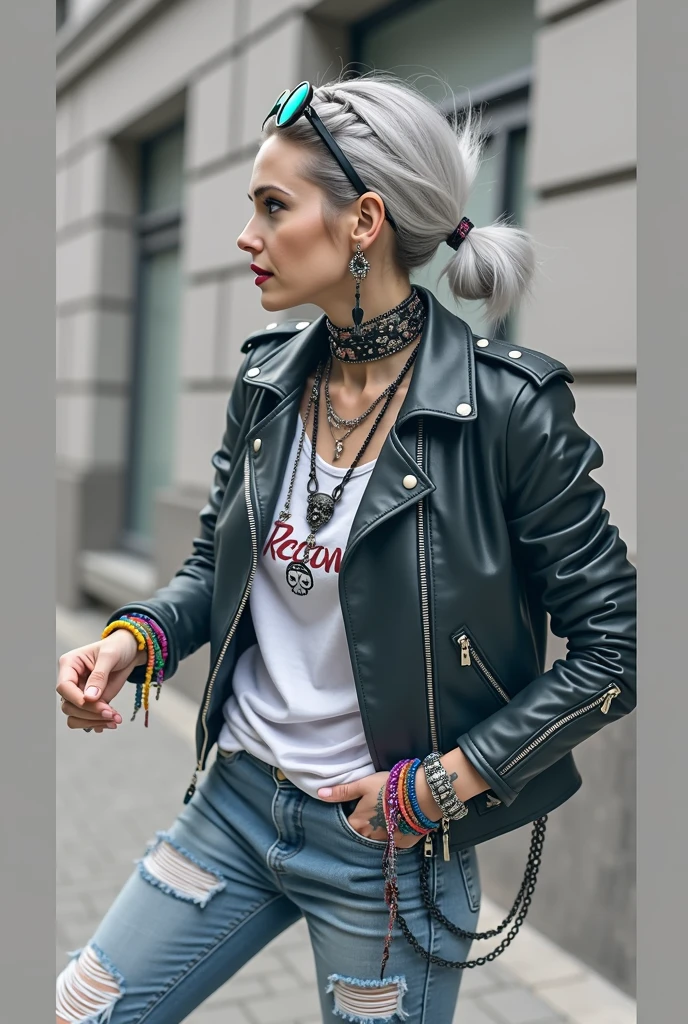 russian milf woman, grey hair (bun) and wide colourful maxi sunglasses as headband. Very light blue eyes, extremely pale. Wearing studded cropped black moto jacket with lots of zippers and pins, t-shirt with winged skull and gothic lettering , dark skinny blue jeans with holes and rags. Lots of colourful thick wide bracelets, colourful collars and colourful rings. Tacky wide studded leather belt with oversized skull and bones buckle. Long bohemian earrings with feathers. Standing up, humble facial expression. Hands in pockets, showing off bracelets and rings. Chains around belt.. Listening in amazement to somebody speaking to her, toned six pack abdominals, thin neck, slim legs and thin arms. Tattoed heavily. Huge black leather tote bag