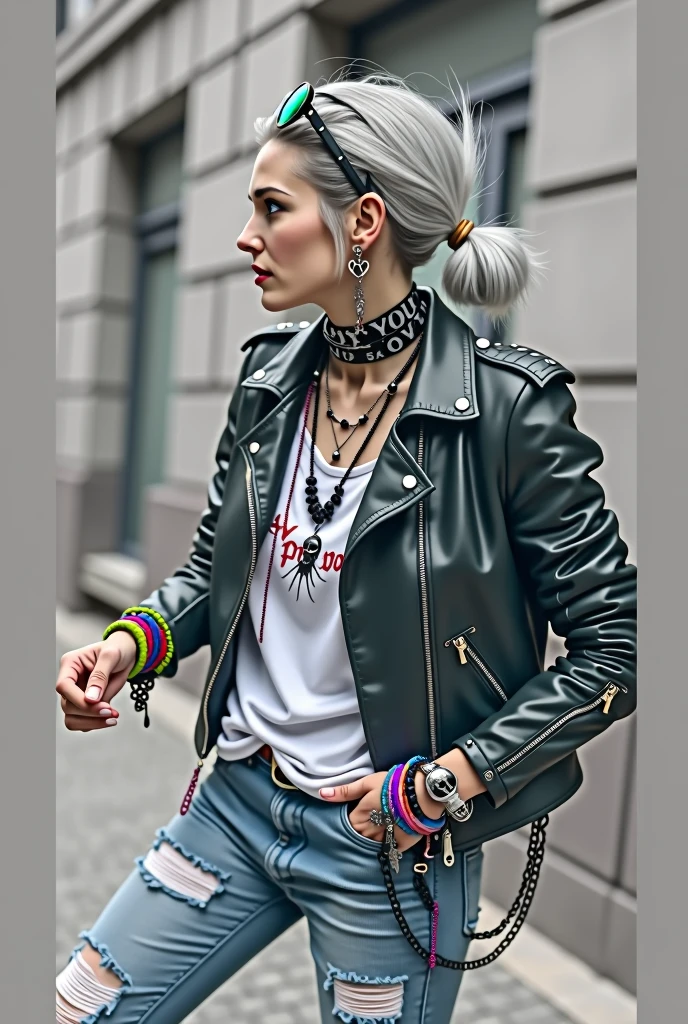 russian milf woman, grey hair (bun) and wide colourful maxi sunglasses as headband. Very light blue eyes, extremely pale. Wearing studded cropped black moto jacket with lots of zippers and pins, t-shirt with winged skull and gothic lettering , dark skinny blue jeans with holes and rags. Lots of colourful thick wide bracelets, colourful collars and colourful rings. Tacky wide studded leather belt with oversized skull and bones buckle. Long bohemian earrings with feathers. Standing up, humble facial expression. Hands in pockets, showing off bracelets and rings. Chains around belt.. Listening in amazement to somebody speaking to her, toned six pack abdominals, thin neck, slim legs and thin arms. Tattoed heavily. Huge black leather tote bag