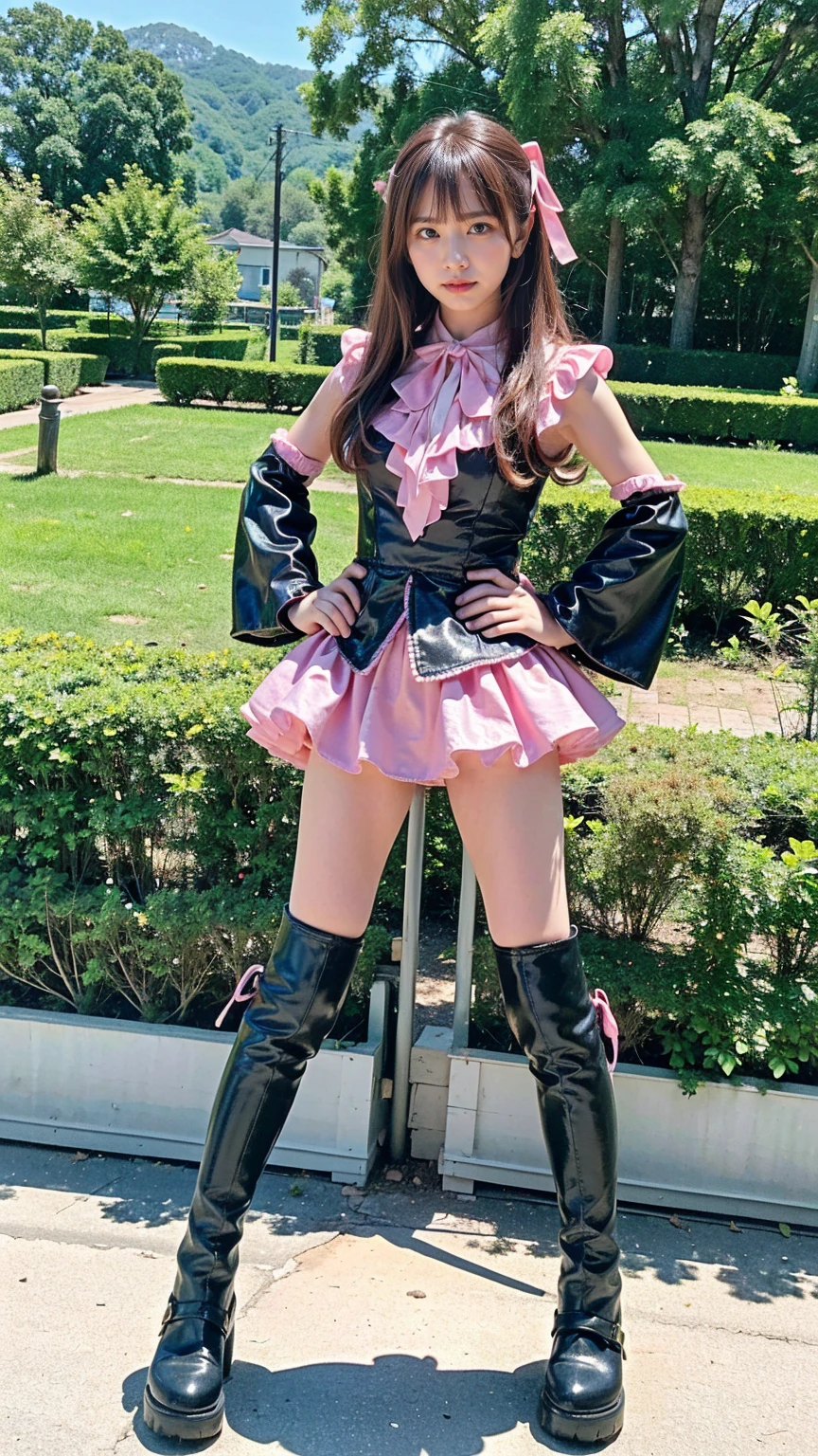 (8k、RAW Photos、Highest quality、masterpiece:1.2)、(Realistic、Realistic)、1 person、((Black and Pink、Sequins、garden、ribbon、Frills、mini skirt、Thin legs、whole body、boots、View from the front、Looking into the camera、Stand with hands on hips))、cute