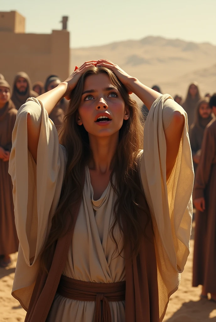 young woman in the time of Christ with her hands on her head, amazed by the miracle
