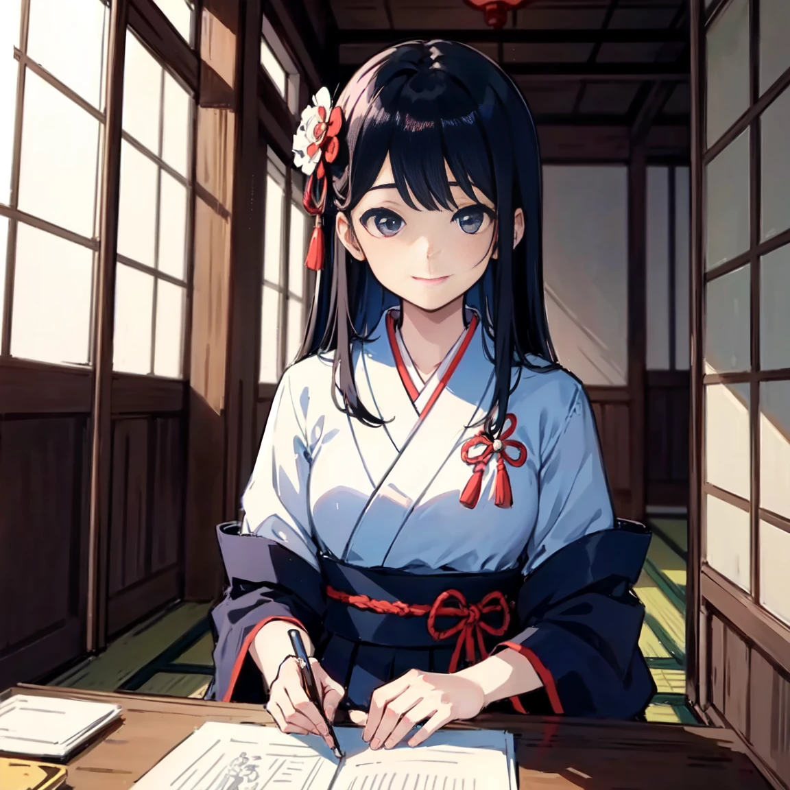 (Highest quality, sketch:1.2),Illustrator,uniform、school uniform、Haori、 masterpiece, Style: Taisho Retro、Inside the room、Temple、 Classic, Dark Black、Silver Hair、beautiful、Japanese style、Japan、Inside the roomにいる、smile, good look modern、Taisho Romance、romantic、Interesting、emotion、Emotional