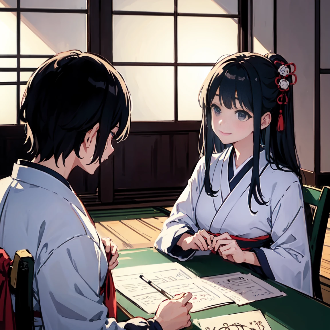 (Highest quality, sketch:1.2),Illustrator,uniform、school uniform、Haori、 masterpiece, Style: Taisho Retro、Inside the room、Temple、 Classic, Dark Black、Silver Hair、beautiful、Japanese style、Japan、Inside the roomにいる、smile, good look modern、Taisho Romance、romantic、Interesting、emotion、Emotional

