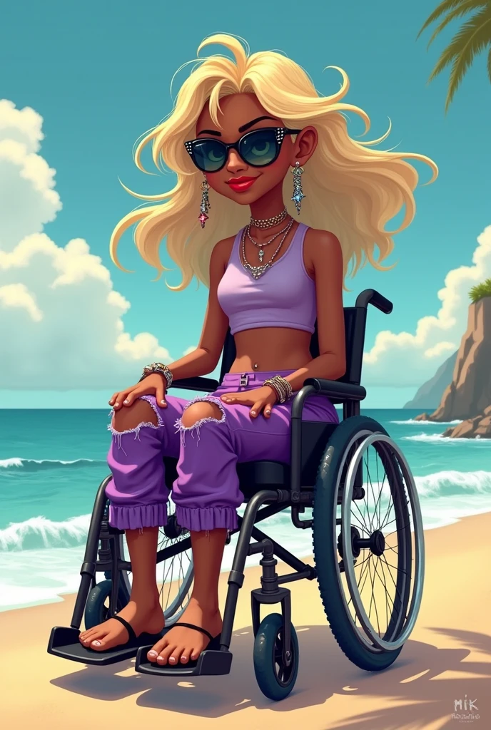 A  black wheelchair-bound girl with blonde hair,purple skirt,Torn pants,sunglasses,punk earrings and bracelets,red lipstick and barefoot cropped shirt, at beach