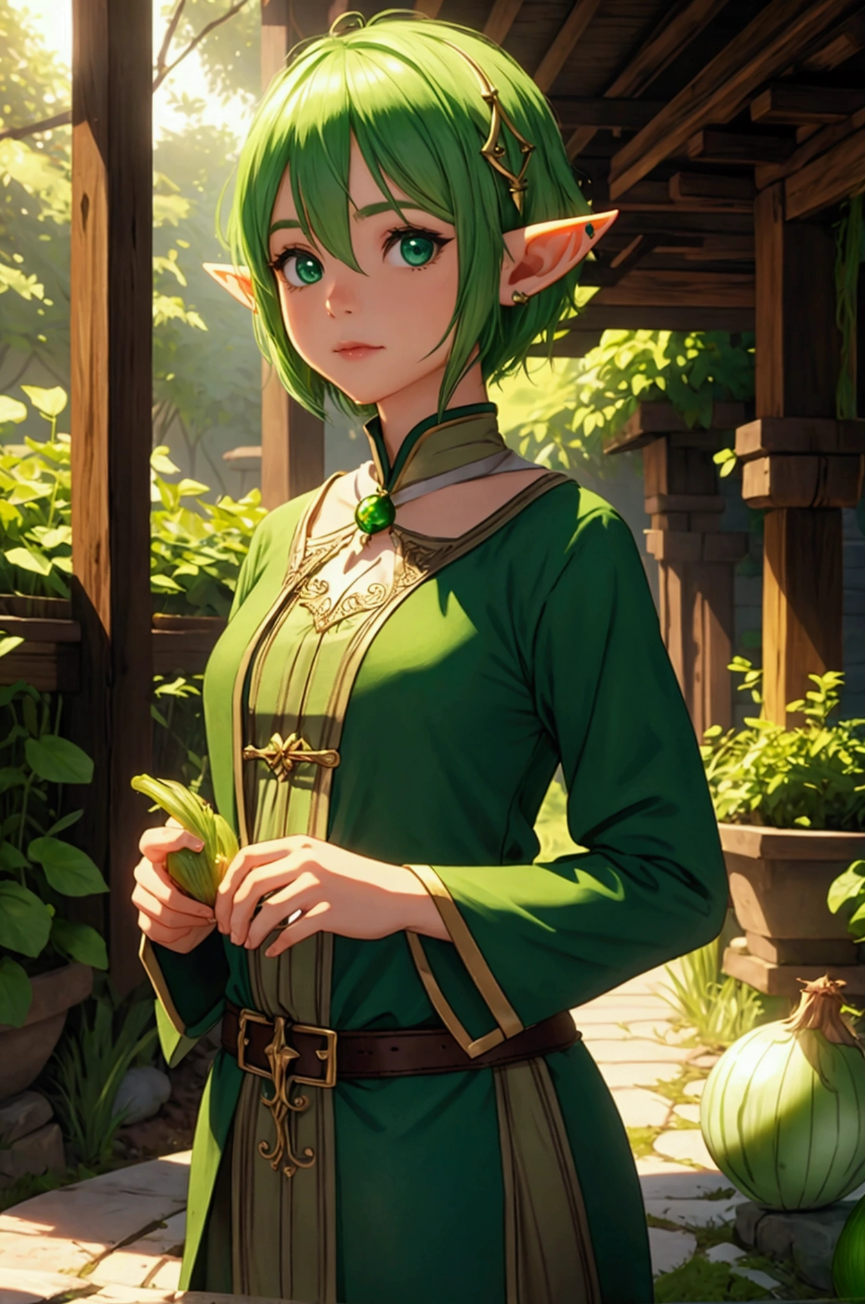 Elf, short green hair, with onion