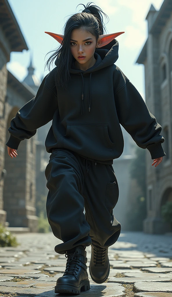 anime, cartoon, animation, 1990s fantasy , 1 dynamic dark elf female, 90s streetstyle hiphop fashion, baggy thick edgy loose clothing, with staff, Melbourne shuffle jumping shuffling footwork , expressive pose, urban fantasy castle ground environment, cinematic lighting,, extremely detailed, photorealistic, 8k, film grain, dynamic composition, high quality, masterpiece
