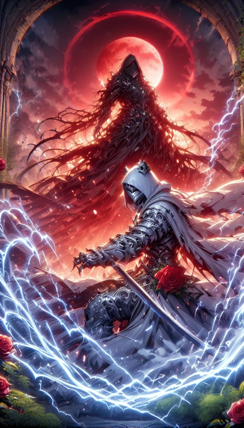 Dynamic picture, in it a man with a white hood with bear ears and a katana is riding a polar bear in a forest while the blood moon shines, many Roses cover the ground and lightning falls from the sky. The man wears a red blindfold.