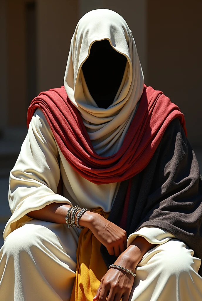 wearing: white woolen cloak, red striped shawls of Qatari origin wrapped around his shoulders, headgear of fine cloth, wearing a yellow loincloth, covering his shoulders with a flowery black shawl, face not seen bacause of sunlight,sitting