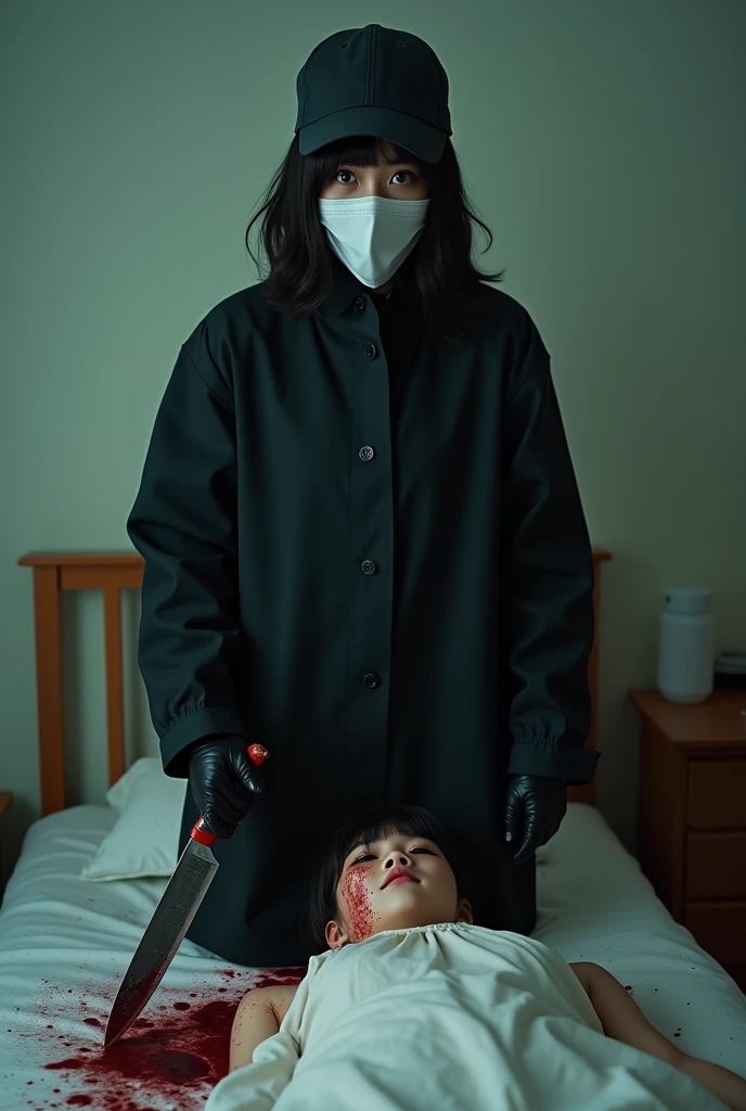 korean girl, (behind stiff, holding knife), stabbing, white mask, black gloves, cute room, black raincoat, trucker hat, bloody knife, black gloves, woman on top, behind cadaver, blood splatter, on the bed, looking at viewer, mass murderer, killer, blood splatter, dark atmosphere, cinematic lighting, atmospheric realistic, light from the window,
