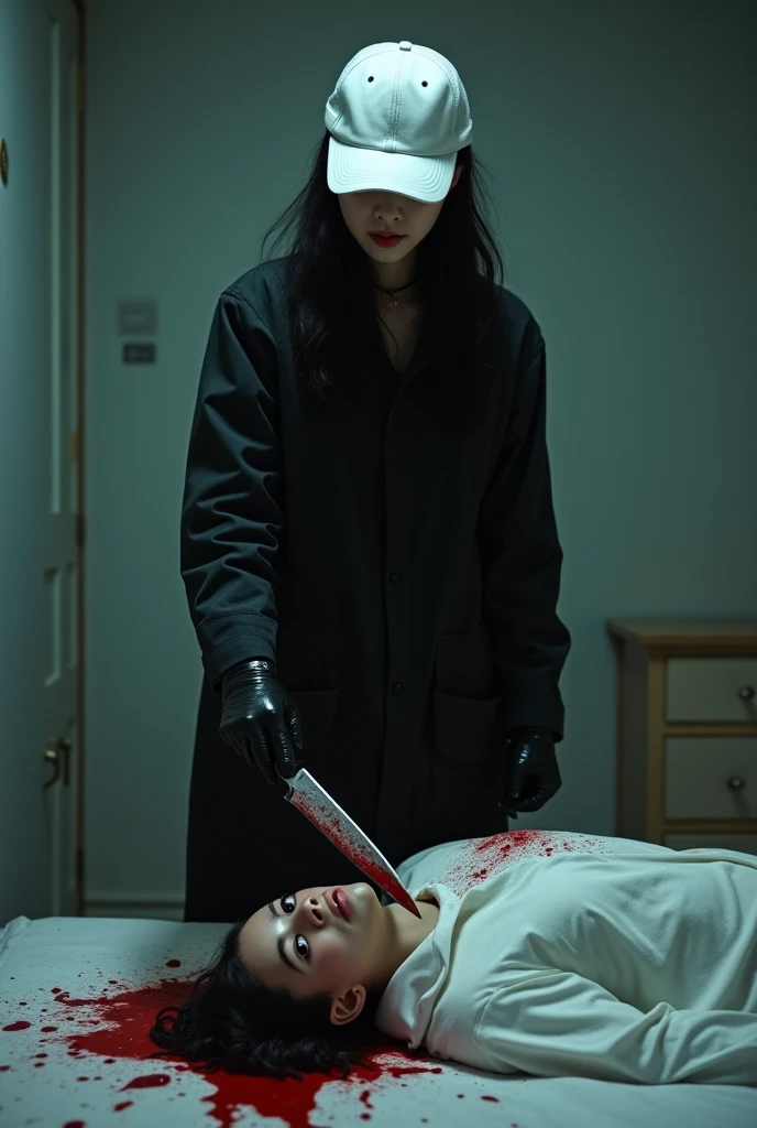 korean girl, (behind stiff, holding knife), stabbing, white mask, black gloves, cute room, black raincoat, trucker hat, bloody knife, black gloves, woman on top, behind cadaver, blood splatter, on the bed, looking at viewer, mass murderer, killer, blood splatter, dark atmosphere, cinematic lighting, atmospheric realistic, light from the window,
