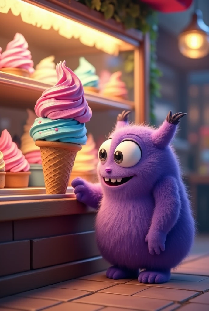 The little purple monster looks at the ice cream cone in the store