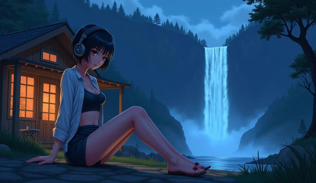 sexy girl with short hair wearing undershirt, his breast half open, short skirt, at night. relaxed listening to music with headphones., sitting outside cabin very close huge waterfall. Anime 2D style, Lo-fi, Dark Ambiance