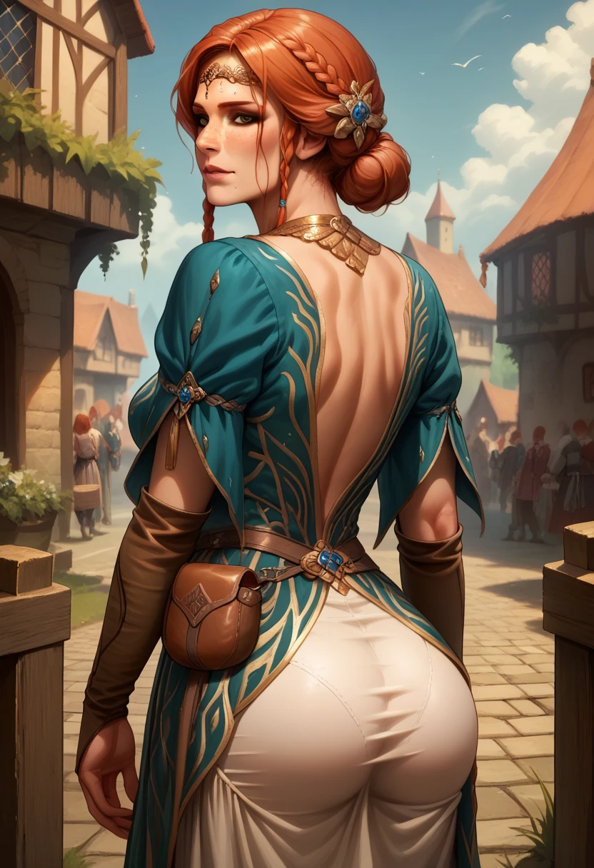 score_9, score_8_up, score_7_up, BREAK, score_9, TrssMeri, short hair, breasts, hair bun, elbow gloves, braid, dress, tiara, jewelry, freckles, pouch, looking at viewer, cowboy shot, ass, from behind, medieval, village