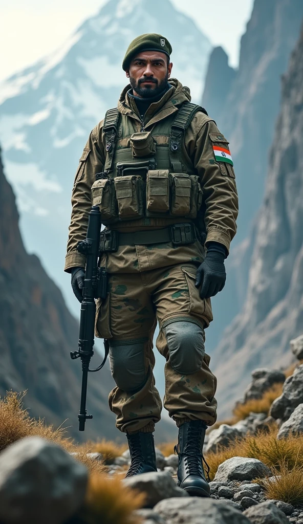 indian army soldier, highly detailed military uniform, realistic camouflage, rugged terrain, mountains, assault rifle, determined expression, heroic pose, dramatic lighting, gritty realism, cinematic composition, vibrant colors, epic fantasy, masterpiece, best quality, 4k, 8k, highres, ultra-detailed, photorealistic