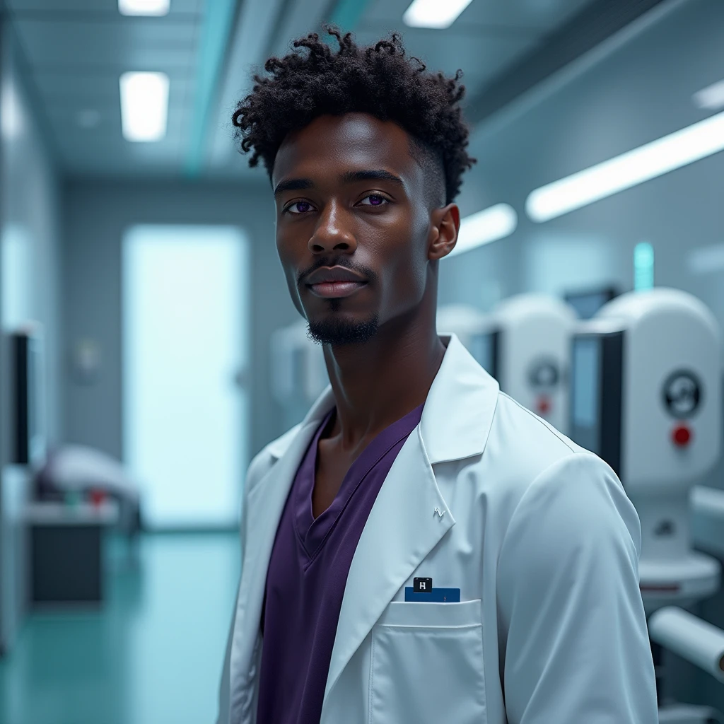Photograph headshot, hair curly side part, very tall French featured male model, shaved, toned body, ebony skin, vibrant purple eyes, tall thin toned body. Gentle smile expression. Doctor coat, dark purple shirt, modern sci-fi hospital office.