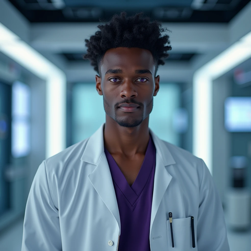 Photograph headshot, hair curly side part, very tall French featured male model, shaved, toned body, ebony skin, vibrant purple eyes, tall thin toned body. Gentle smile expression. Doctor coat, dark purple shirt, modern sci-fi hospital office.