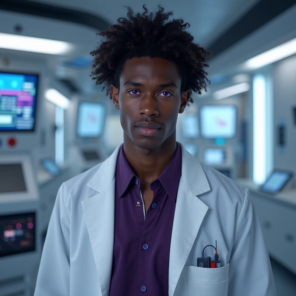 Photograph headshot, hair curly side part, very tall French featured male model, shaved, toned body, ebony skin, vibrant purple eyes, tall thin toned body. Gentle smile expression. Doctor coat, dark purple shirt, modern sci-fi hospital office.