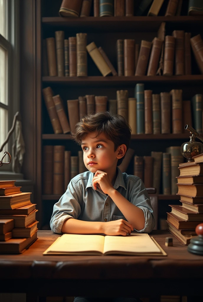 create an image of a  boy in his room studying, and creating digital marketing campaigns on your computer, the image must convey antiquity, and in the room the old books, I want you to show the computer screen