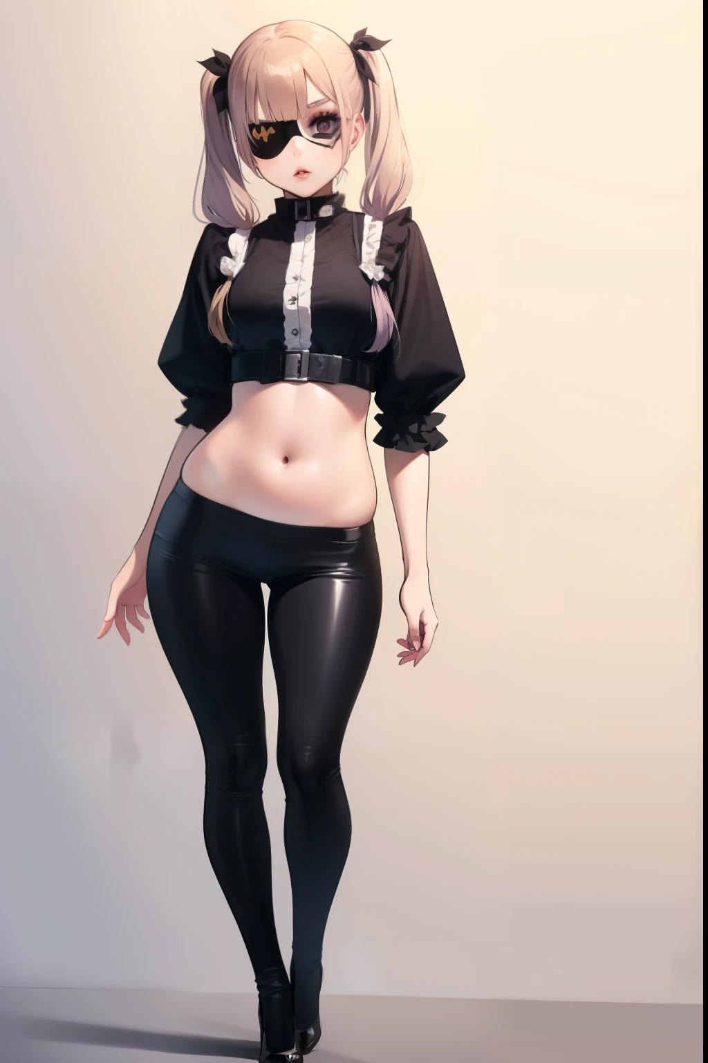 1girl, solo, twintails, sketch, traditional media, eyepatch,\(medium\),Slouching full body,fellatrix style,bimbo,lips,makeup, Character design diferent views of character