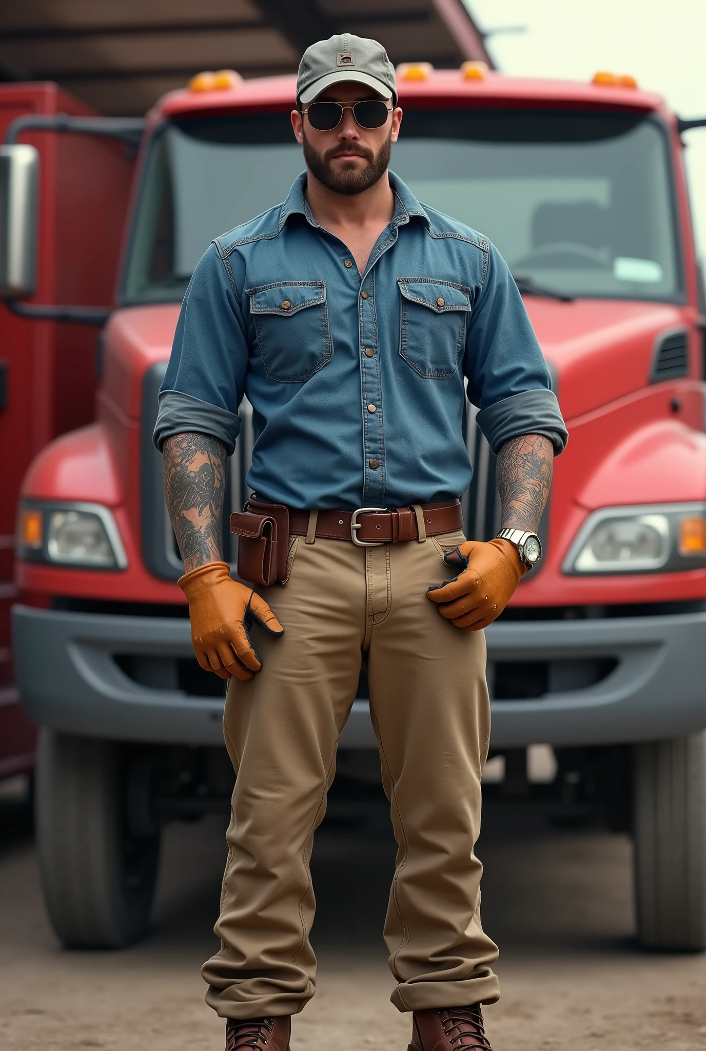 A thirty-year-old contractor standing 176cm tall, weighs 75 kg, has short brown hair, wearing a grey ball-cap, aviator sunglasses, a blue chambray shirt with rolled-up sleeves, tattoos apparent on both arms, a stainless wristwatch, tan leather work gloves, khaki chinos with a brown leather belt, and brown leather work boots stands in front of a red RAM heavy duty crew cab with service body