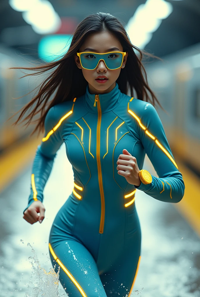 Chinese japan women average age wear jumpasuit high tech(( blue yellow)) age 15. Running effect. Glowing yellow power. Runfast effect. saggy breast open zip.. Wear blue big glasses big frame.running speed of light . latex suit. big tight. running athlete. Braces teeth. train rail .Bokeh background. Panning effect. Yellow high tech watch. a beautiful young chinese women, , wearing a high-tech blue and yellow very tight jumpsuit , venus body type.point finger pose . ,floating water pallet, photorealistic, detailed facial features, long hair, elegant pose, dynamic lighting. glowing body yellow lightning effect, 8k, award-winning digital art, intricate details, vibrant colors, cinematic composition. very fasr run, highly detailed. light trail effect. speed of light. froze time effect. at the city.run water .shallow water . spash water. the girl run fast on wet road. background on subway.