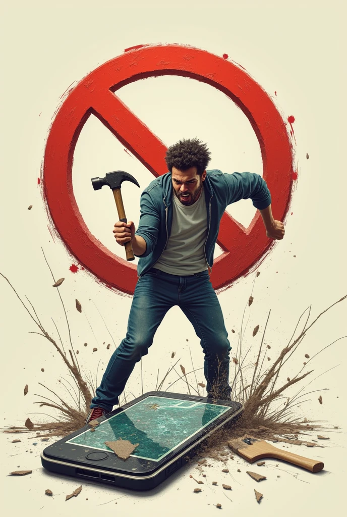 person damaging a cell phone with a hammer with a prohibited sign on top