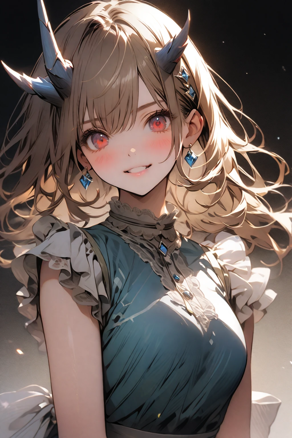 (Perfect Face:1.1)、(Attention to detail:1.1), masterpiece, Highest quality, Very detailed, High resolution, Japanese anime,One person, Blonde, dragon wings, (((red cat eyes:1.5))), (((美しいAttention to detail目:1.4))), ((角からつま先までwhole body:1.5)), smile, (Dragon Horn:1.5), original character, Fantasy, (Black background:1.1), (((whole body:1.8))), Beautiful fingers, Are standing, (Blue White Gold Lace Ruffle Dress:1.5), Shoot from the front, View your viewers, Exposed Skin, Dragon Princess, hyper quality, highly detailed