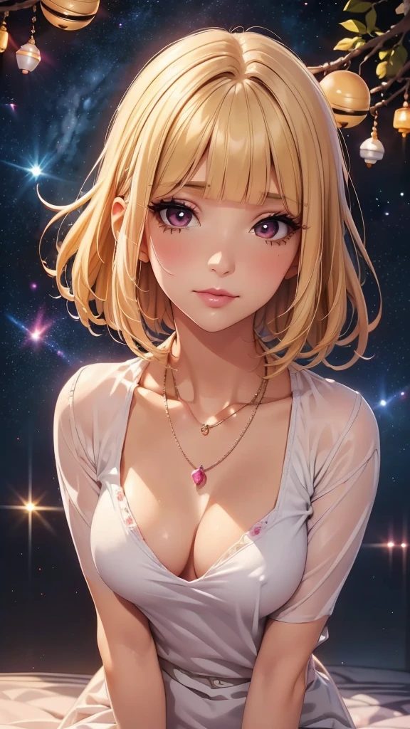 Watercolor painting of a beautiful woman, 30 delicate colors, wearing a fine silky, close-fitting sheet-like fabric, detailed eyes, long eyelashes, foundation, pink lipstick, eyeliner, facial details, simple Necklace, look at me, detailed depiction, space colored with ornaments, delicate light depiction,