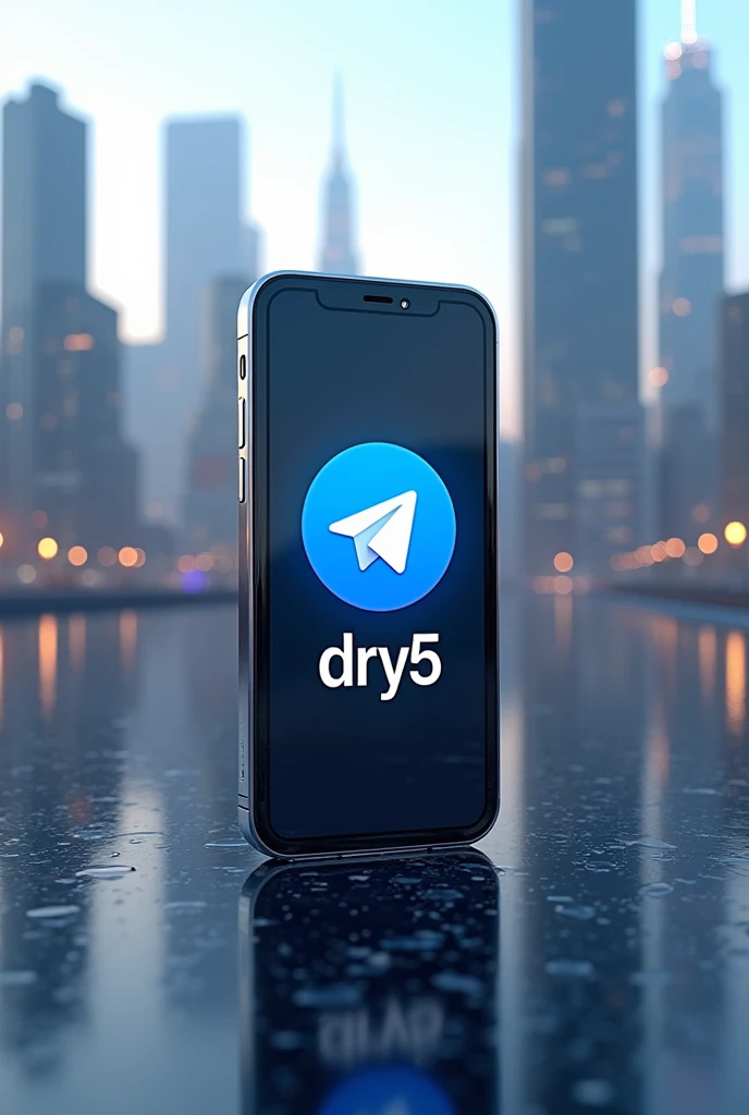 An iPhone with a Telegram channel called DRY5 and skyscrapers in the background ,Name DRY5 large