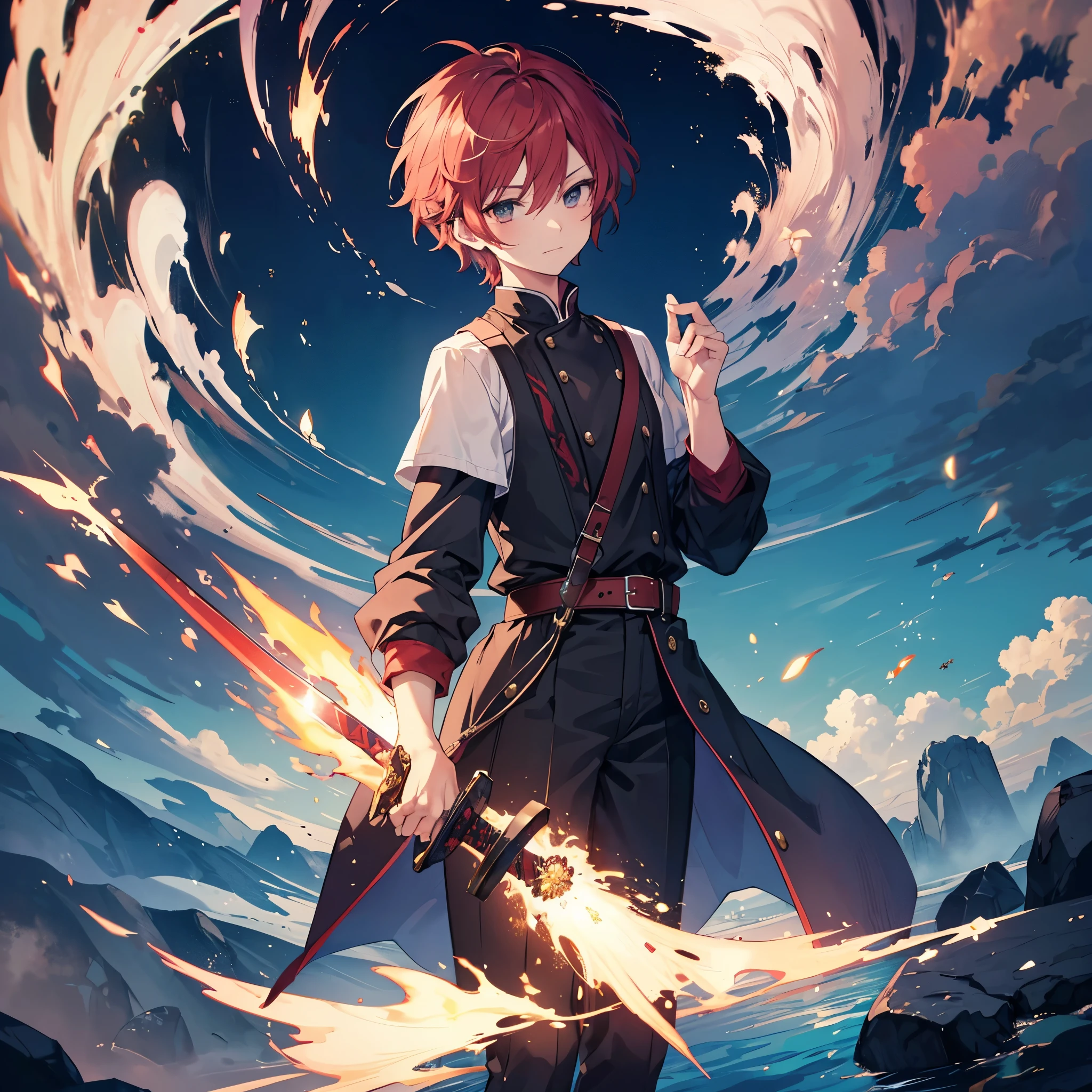 2 male, 180cm tall, androgynous beauty, sharp golden eyes, short messy flame-red hair, medium build, ethereal appearance, wearing a disheveled black dress shirt with rolled-up sleeves, black skinny pants, holding a katana surrounded by magical flames, sword master, twilight sky background, reflective water surface, detailed anime style illustration, intense expression with slight smile, hidden power aura, culinary magic theme, fire and sparks swirling around the character
