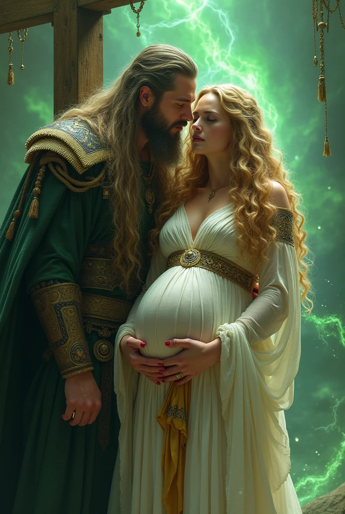 Leah:beautiful,long hair,golden Curly hair, blue eyes, humble,wear white and gold out fit.pregnant and her have Loki husband .
Loki: majestic and sly, wearing elaborate Norse attire, mischief glinting in his eyes, surrounded by mystical, swirling green.
Leah was crucified.