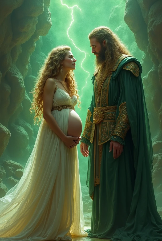 Leah:beautiful,long hair,golden Curly hair, blue eyes, humble,wear white and gold out fit.pregnant and her have Loki husband .
Loki: majestic and sly, wearing elaborate Norse attire, mischief glinting in his eyes, surrounded by mystical, swirling green.
Leah was crucified.