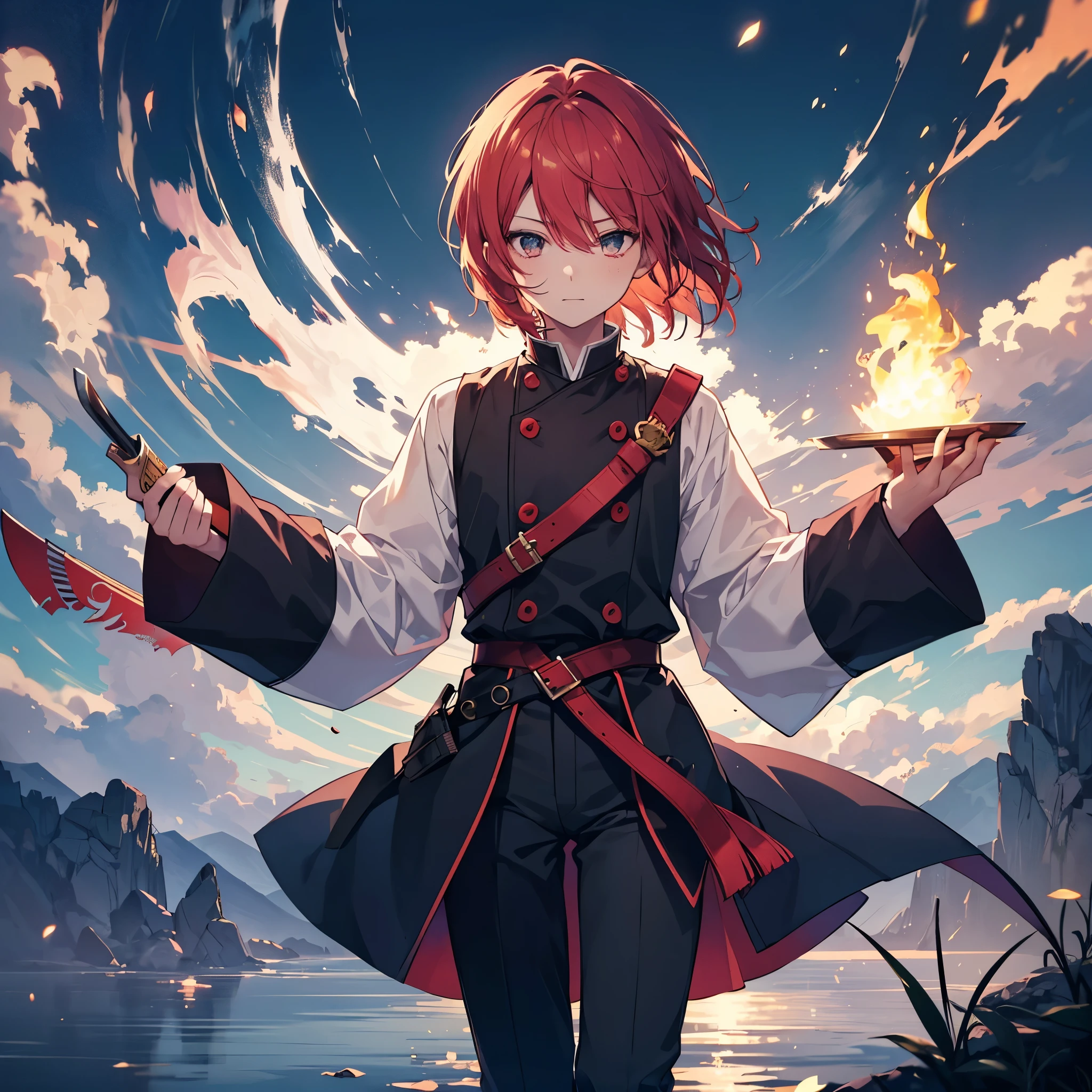2 male, 180cm tall, androgynous beauty, sharp golden eyes, short messy flame-red hair, medium build, ethereal appearance, wearing a disheveled black dress shirt with rolled-up sleeves, black skinny pants, holding a katana surrounded by magical flames, sword master, twilight sky background, reflective water surface, detailed anime style illustration, intense expression with slight smile, hidden power aura, culinary magic theme, fire and sparks swirling around the character