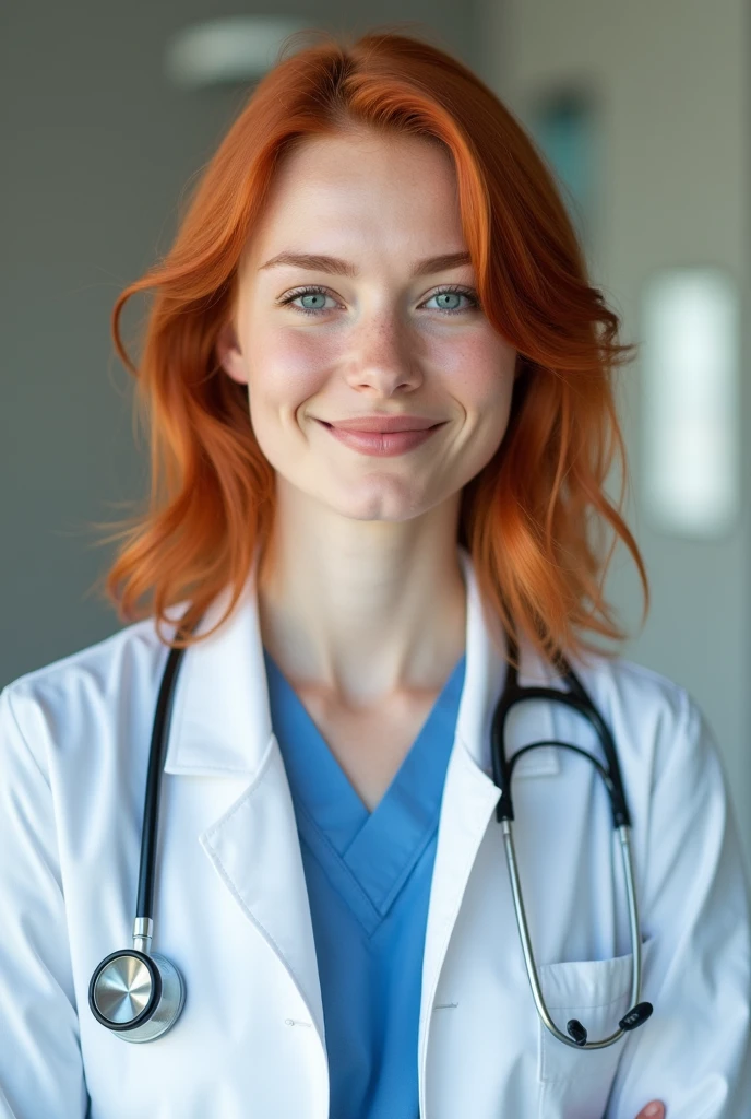 1 redhead woman, fair skin and blue eyes, shorth hair, dressed as a doctor 
