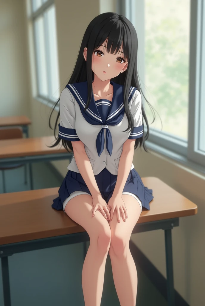 Not an illustration　Beautiful Asian girl with straight hair　High School Uniform　Sit on a desk and put your legs on the table　Raise your legs and spread them in an M shape　Showing off white underwear　　Short skirt　smile　M-shaped legs