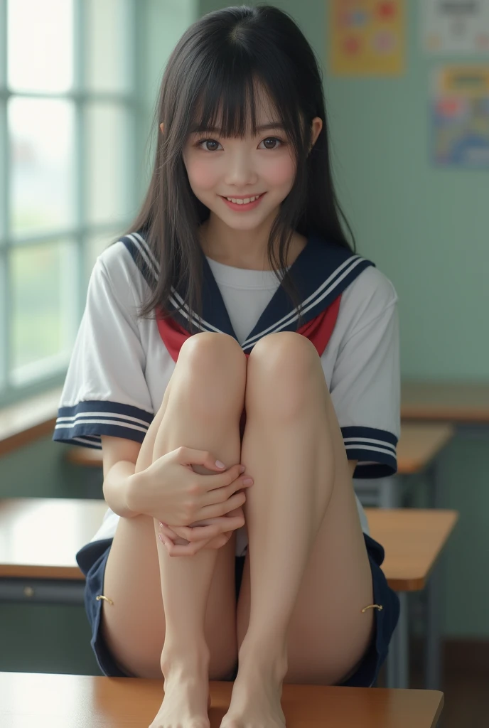 Not an illustration　Beautiful Asian girl with straight hair　High School Uniform　Sit on a desk and put your legs on the table　Raise your legs and spread them in an M shape　Showing off white underwear　　Short skirt　smile　M-shaped legs