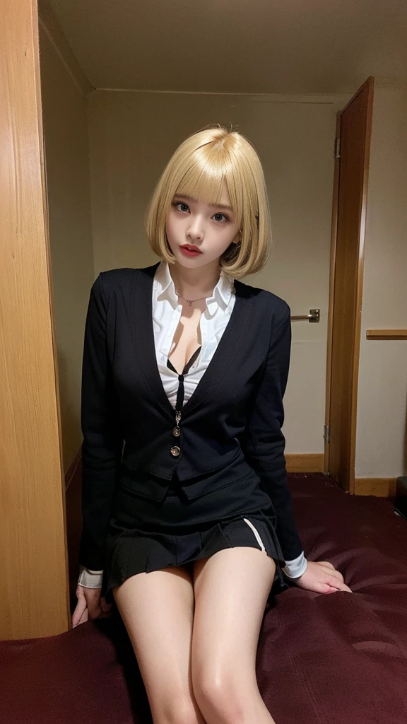 (((SFW : 1.2))), (((pornography))), (realistic), (intricate details:1.2), (masterpiece、:1.3), (top quality:1.4), (Ultra A high resolution:1.2), Ultra A high resolution, 8K resolution, very detailed expression, dark, (high quality), complete anatomy, natural anatomy, full body photo, 1 korean woman, (high_ school girl: 1.5), (call girl:1.5), (prostitute: 1.5), (korean:1.8), (beautiful : 1.4), (blonde short hair), (big earrings), make up, nail art, long legs, (Midorikawa Hana cosplay : 1.5), (she weared tightening school_ uniform : 1.4), glowing skin, dark light, (in the room of hotel at night : 1.5), (detailed background:1.2), She is doing bondage and SM play with some Korean hentai men,