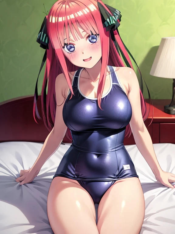 best quality, insanely detailed, nino nakano, breasts, blush, bedroom background, looking at viewer, cheerful eyes,arousal, one-piece swimsuit, old school swimsuit