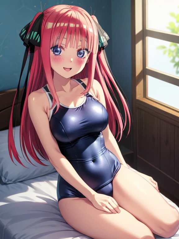 best quality, insanely detailed, nino nakano, breasts, blush, bedroom background, looking at viewer, cheerful eyes,arousal, one-piece swimsuit, old school swimsuit