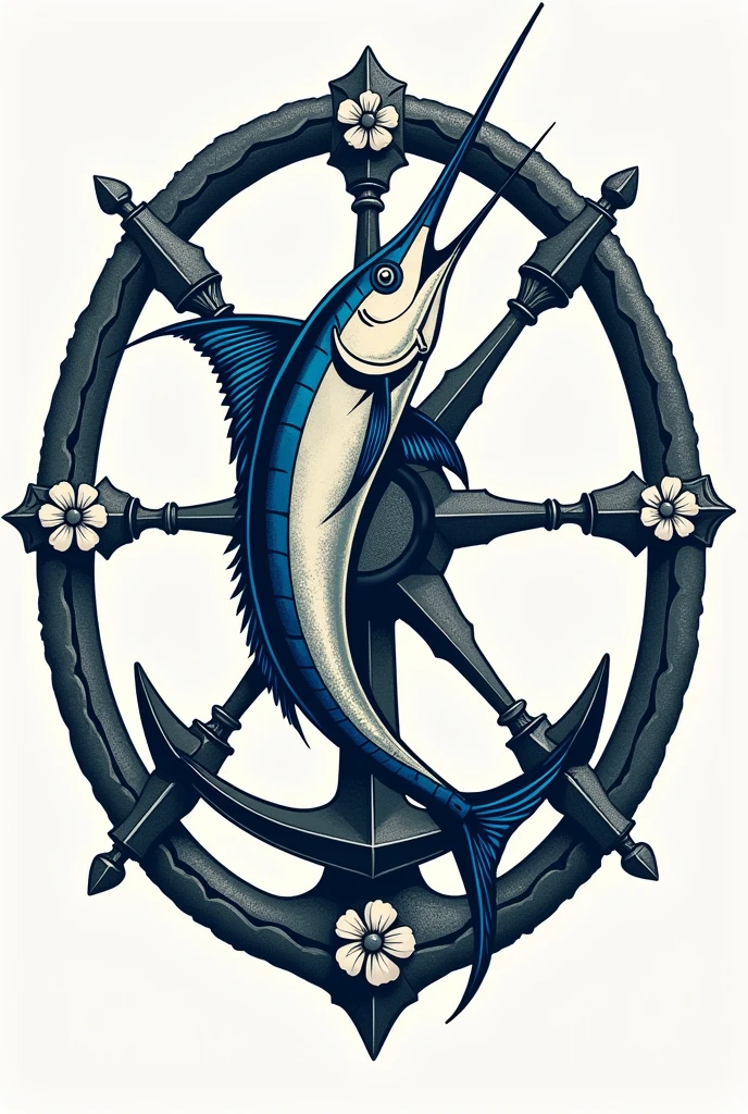 Make a circular shield with a sailfish in the center with an anchor at the bottom. Add a rope outline and a chain at the top., and that the background shape only has the 4 cardinal points. The flower should not come out of the shield and only has to have 4 cardinal points.