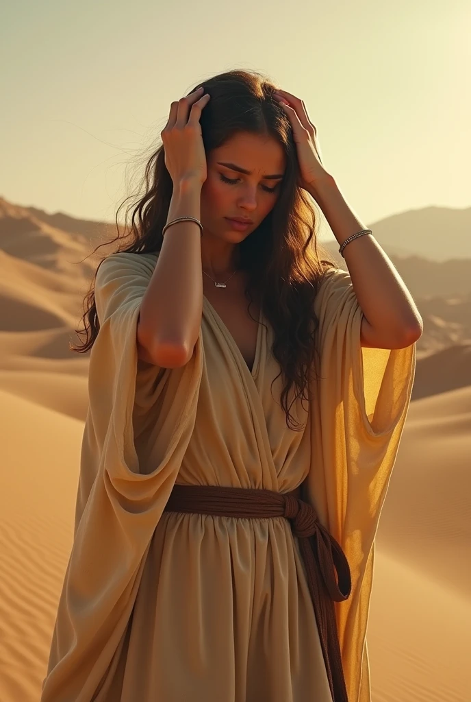 young woman in the time of christ with her hands on her head haunted by the miracle in the desert