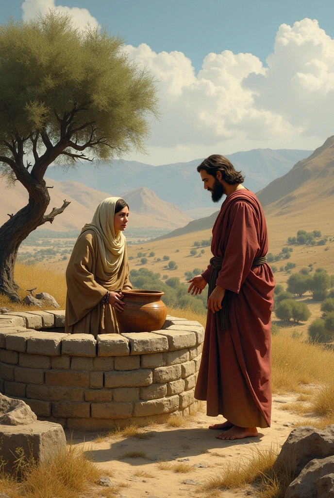 Jesus and the frightened Samaritan woman with a bucket meeting at an old well in the field